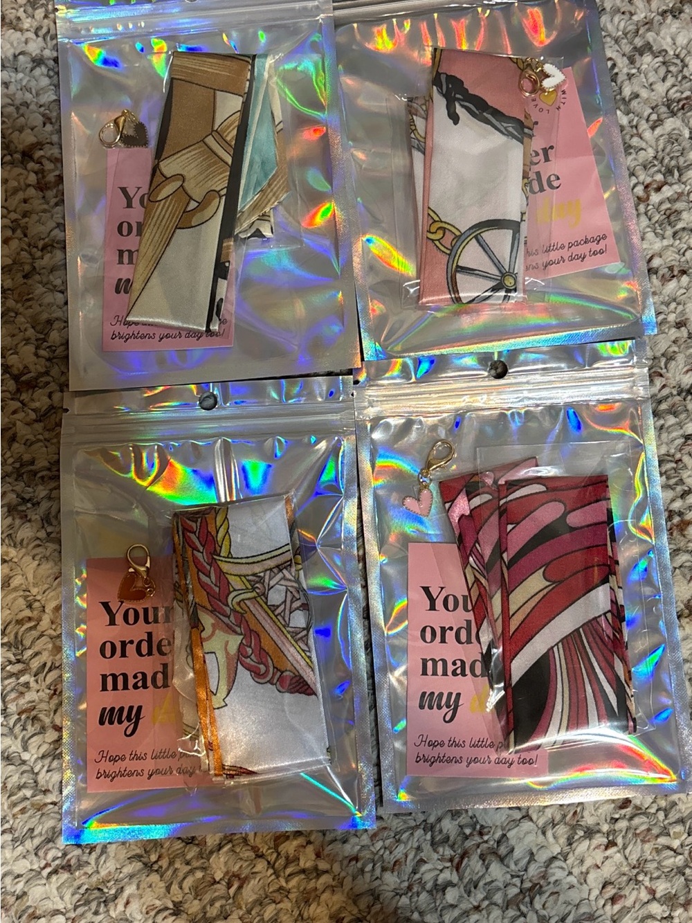 🔅5/$20 Mini Silk Scarf Charm Gift Set – 4 Pc Bundle | Purse Scarf Keychain Charm